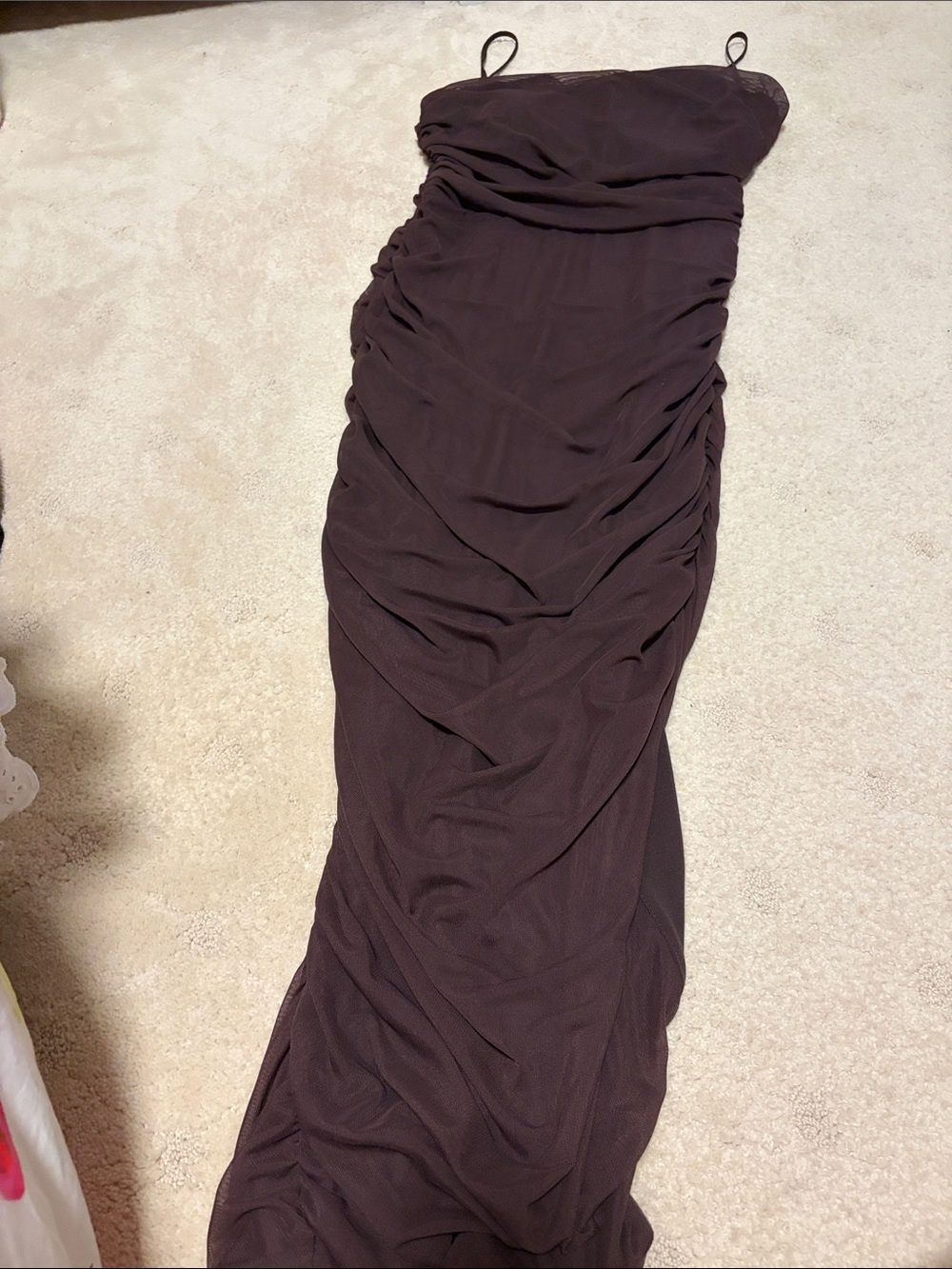 New Express Women's Ruched Strapless Slit Maxi Dress Dark Chocolate Brown Large